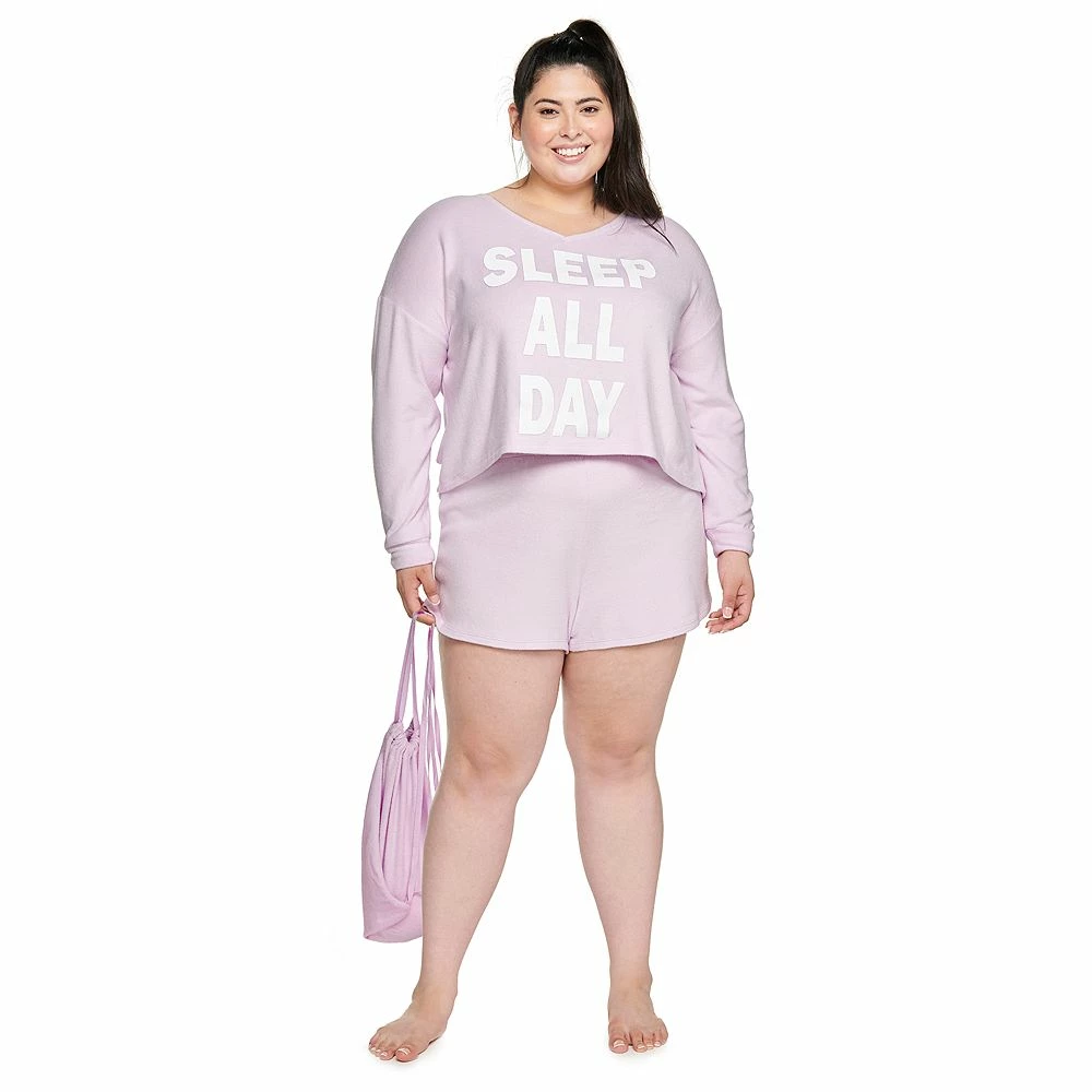 Juniors' Plus Size SO® Boxy Long Sleeve Pajama Top & Pajama Shorts Set 3 Juniors' Plus Size SO® Boxy Long Sleeve Pajama Top & Pajama Shorts Set