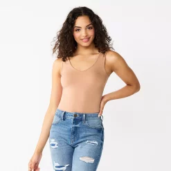 Juniors' SO® Seamless V-Neck Tank Bodysuit -Cheap SO Store 5234068 Beige Khaki