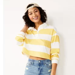 Juniors' SO® Cropped Polo Shirt 15 Juniors' SO® Cropped Polo Shirt -Cheap SO Store 5254624 White Yellow Stripe