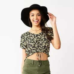 Juniors' SO® Short Sleeve Cinched Front Top 14 Juniors' SO® Short Sleeve Cinched Front Top -Cheap SO Store 5273329 Black Yellow Sloral