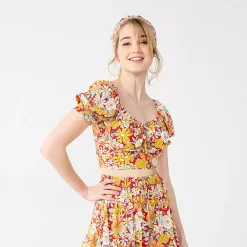 Juniors' SO® Cropped Floral Puff Sleeve Top