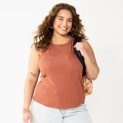 Juniors' Plus Size SO® High Neck Ribbed Tank Top -Cheap SO Store 5524345 Cinnamon Coffee
