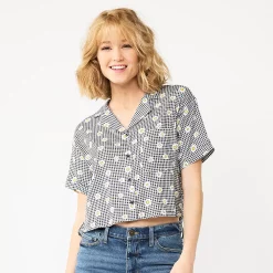 Juniors' SO® Cropped Button-Front Shirt -Cheap SO Store 5536484 Black Daisy Check