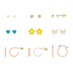 SO® Gold Tone Flower, Butterfly, Heart Stud & Hoop Earring Set of 9