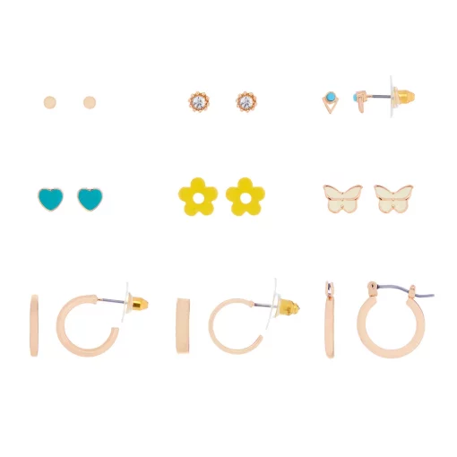 SO® Gold Tone Flower, Butterfly, Heart Stud & Hoop Earring Set of 9 -Cheap SO Store 5540263