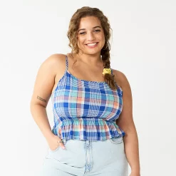 Juniors' Plus Size SO® Cropped Cinch-Waist Tank -Cheap SO Store 5548387 Blue Teal Plaid