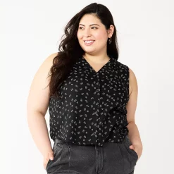 Juniors' Plus Size SO® Cropped Sleeveless Button Down Top 18 Juniors' Plus Size SO® Cropped Sleeveless Button Down Top -Cheap SO Store 5549541 Black Floral
