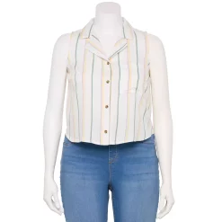 Juniors' Plus Size SO® Cropped Sleeveless Button Down Top 13 Juniors' Plus Size SO® Cropped Sleeveless Button Down Top -Cheap SO Store 5549541 White Multi Stripe