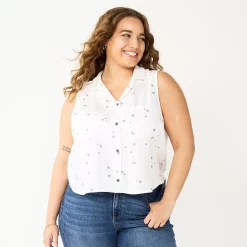 Juniors' Plus Size SO® Cropped Sleeveless Button Down Top 15 Juniors' Plus Size SO® Cropped Sleeveless Button Down Top -Cheap SO Store 5549541 White Star