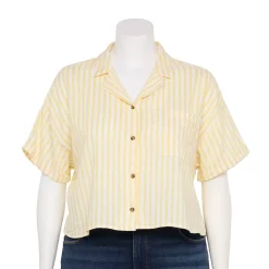 Juniors' Plus Size SO® Cropped Button Down Shirt 14 Juniors' Plus Size SO® Cropped Button Down Shirt -Cheap SO Store 5552605 White Yellow Stripe
