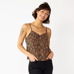 Juniors' SO® Front-Knot Tank -Cheap SO Store 5556252 Orange Ditsy Floral