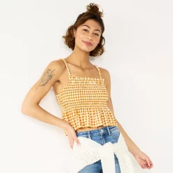Juniors' SO® Ruffled Smocked Tank -Cheap SO Store 5557460 Gold Gingham
