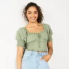 Juniors' SO® Cropped Tie-Front Puff Top 2 Juniors' SO® Cropped Tie-Front Puff Top -Cheap SO Store 5559527 Sage Bed