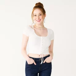 Juniors' SO® Cropped Front Lace-Up Top 14 Juniors' SO® Cropped Front Lace-Up Top -Cheap SO Store 5561231 Modern White