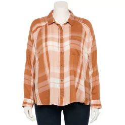 Juniors' Plus Size SO® Long Sleeve Button Down Shirt -Cheap SO Store 5566167 Cinnamon Rose Plaid