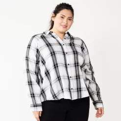 Juniors' Plus Size SO® Long Sleeve Button Down Shirt -Cheap SO Store 5566167 Grey Black Plaid