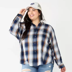 Juniors' Plus Size SO® Long Sleeve Button Down Shirt -Cheap SO Store 5566167 Navy Brown Plaid