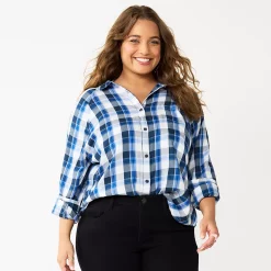 Juniors' Plus Size SO® Long Sleeve Button Down Shirt -Cheap SO Store 5566167 Navy Plaid