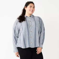 Juniors' Plus Size SO® Long Sleeve Button Down Shirt -Cheap SO Store 5566167 White Navy Stripe