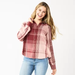 Juniors' SO® Long Sleeve Button Down Shirt -Cheap SO Store 5567334 Cinnamon Rose Plaid