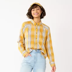 Juniors' SO® Long Sleeve Button Down Shirt -Cheap SO Store 5567334 Gold Plaid