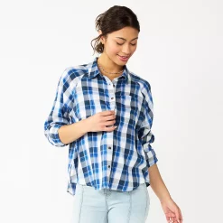 Juniors' SO® Long Sleeve Button Down Shirt -Cheap SO Store 5567334 Navy Plaid