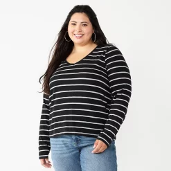Juniors' Plus Size SO® Classic Long Sleeve V-Neck Top 13 Juniors' Plus Size SO® Classic Long Sleeve V-Neck Top -Cheap SO Store 5568689 Black Stripe