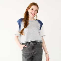 Juniors' SO® Short Sleeve Raglan Varsity Tee -Cheap SO Store 5572904 Gray Fox Heather