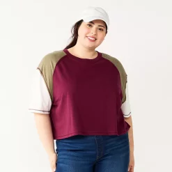 Juniors' Plus Size SO® Short Sleeve Raglan Varsity Tee -Cheap SO Store 5573749 Burgundy Colorblock