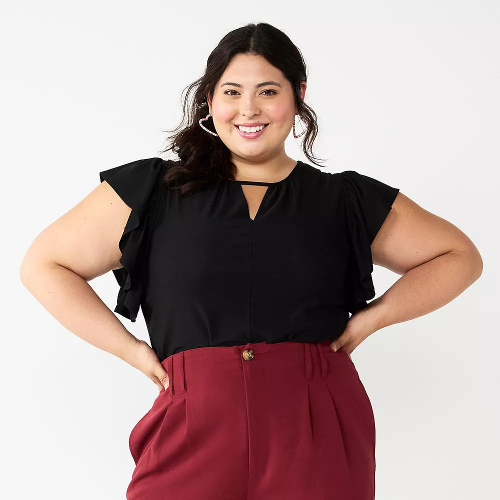 Juniors' Plus Size SO® Flutter Sleeve Keyhole Top 3 Juniors' Plus Size SO® Flutter Sleeve Keyhole Top