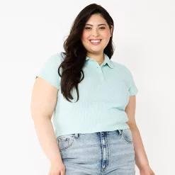 Juniors' Plus Size SO® Ribbed Cropped Polo -Cheap SO Store 5586912 Hush Turq