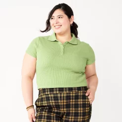 Juniors' Plus Size SO® Ribbed Cropped Polo -Cheap SO Store 5586912 Lennon Green