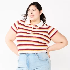 Juniors' Plus Size SO® Ribbed Cropped Polo -Cheap SO Store 5586912 Red White Stripe