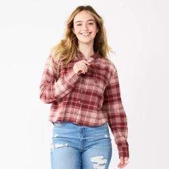 Juniors' SO® Cropped Plaid Button Down Hoodie