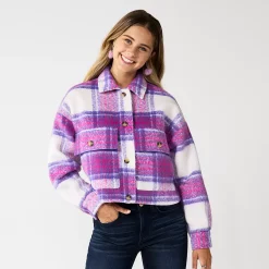 Juniors' SO® Cropped Shacket 9 Juniors' SO® Cropped Shacket -Cheap SO Store 5635421 Pink Purple