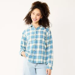 Juniors' SO® Button Front Flannel Top -Cheap SO Store 5646519 Beige Blue Plaid