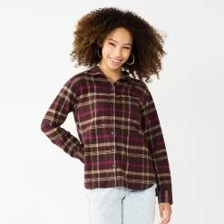 Juniors' SO® Button Front Flannel Top -Cheap SO Store 5646519 Dark Purple Plaid