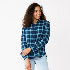 Juniors' SO® Button Front Flannel Top -Cheap SO Store 5646519 Teal Navy Plaid