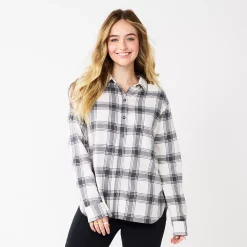 Juniors' SO® Button Front Flannel Top -Cheap SO Store 5646519 White Grey Plaid