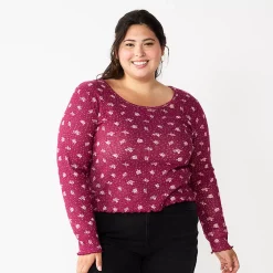 Juniors' Plus Size SO® Basic Thermal Cropped Tee -Cheap SO Store 5663783 Berry Floral