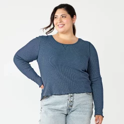 Juniors' Plus Size SO® Basic Thermal Cropped Tee -Cheap SO Store 5663783 Moonwalk Navy