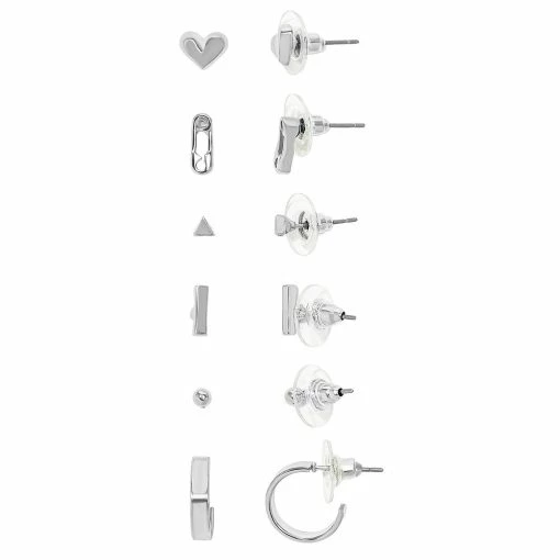 SO® Silver Tone Multi Post Heart, Paper Clip and J-Hoop 6 Pack Earring Set -Cheap SO Store 5776168