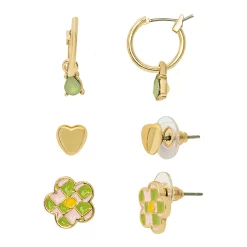 SO® Gold Tone Heart, Flower and Hoop Earring 3 Pack Set