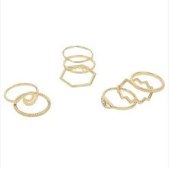 SO® Gold Tone Multi Cutout Icon and Bands 8 Pack Ring Set