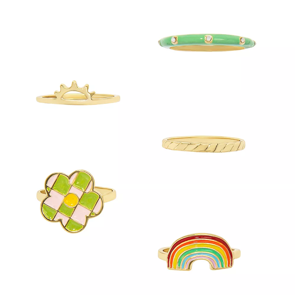 SO® Gold Tone Rainbow and Checkered Flower Statement Ring Set 4 SO® Gold Tone Rainbow and Checkered Flower Statement Ring Set - Image 2