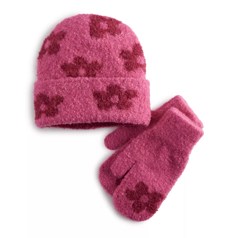 Women's SO® Knit Floral Hat and Mitten Set 3 Women's SO® Knit Floral Hat and Mitten Set