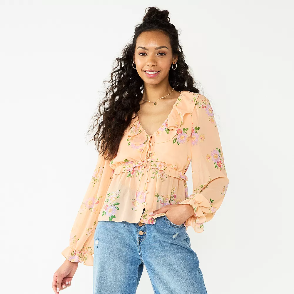 Juniors' SO® Button Front Print Blouse 4 Juniors' SO® Button Front Print Blouse - Image 2