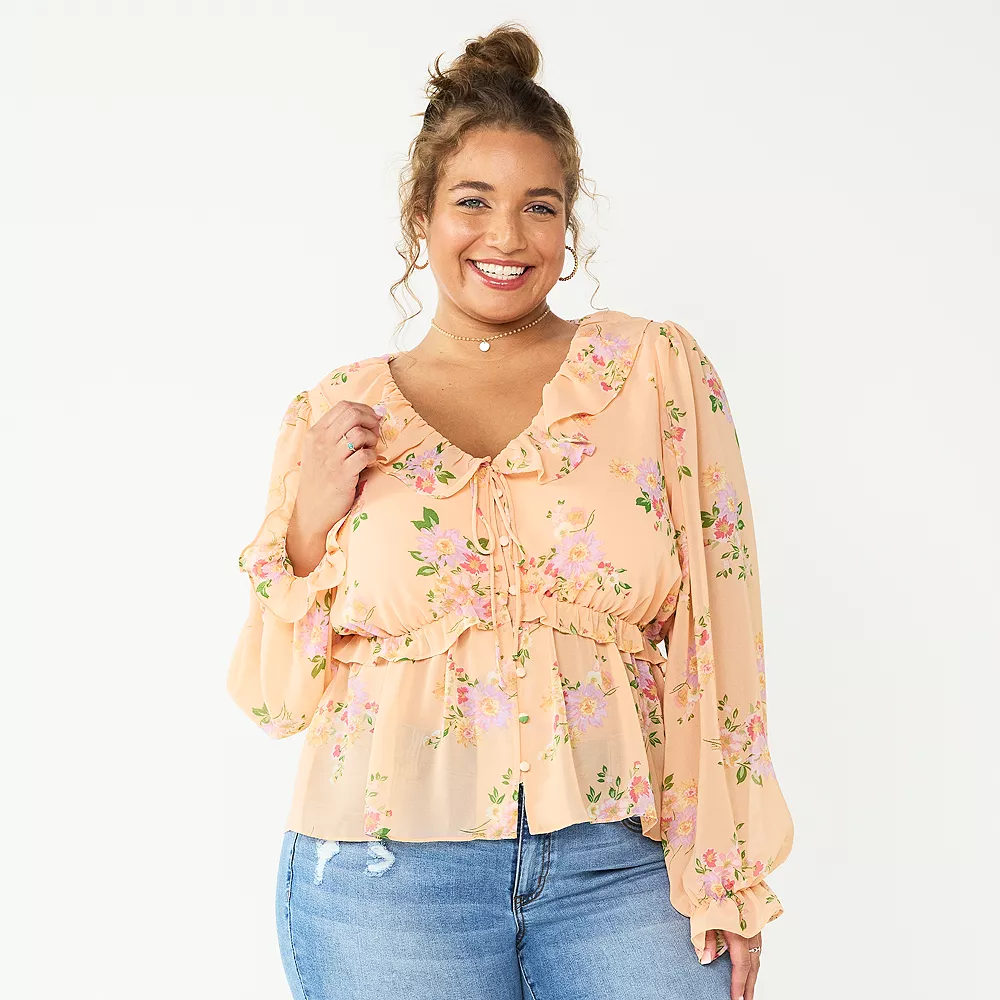 Juniors' Plus Size SO® Button Front Ruffle Blouse 3 Juniors' Plus Size SO® Button Front Ruffle Blouse
