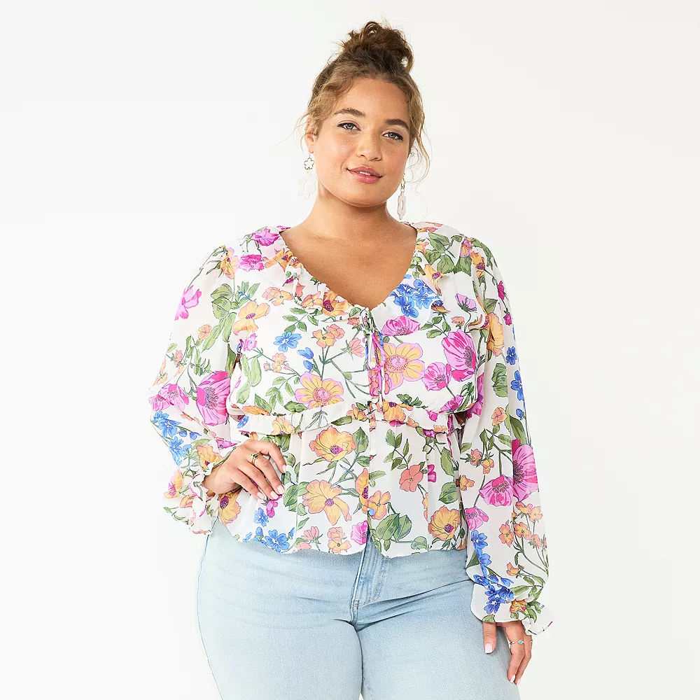 Juniors' Plus Size SO® Button Front Ruffle Blouse 4 Juniors' Plus Size SO® Button Front Ruffle Blouse - Image 2
